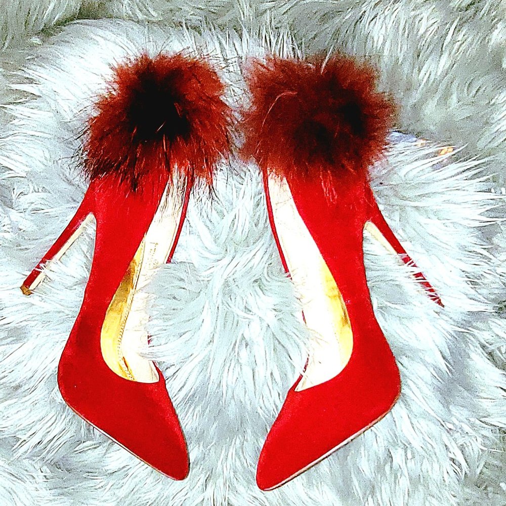 Red Velvet Puffball Stiletto Heels sz.7.5